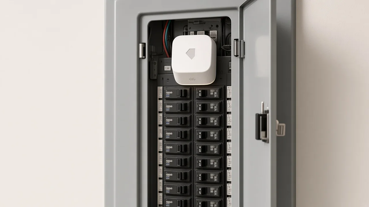 The ZoomProp Home fuse box plug-in clipped into a home breaker panel.