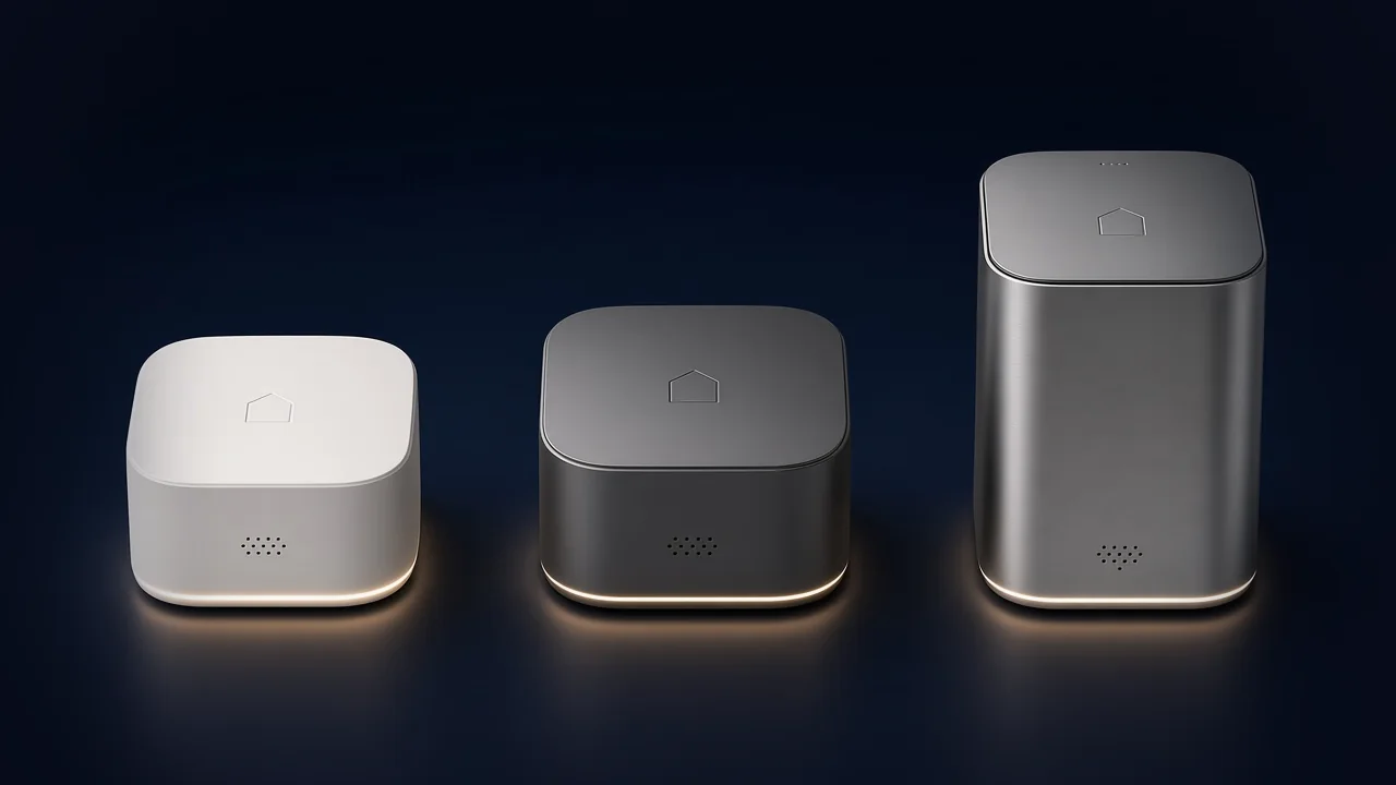The three ZoomProp Home hubs glowing on a dark navy stage.