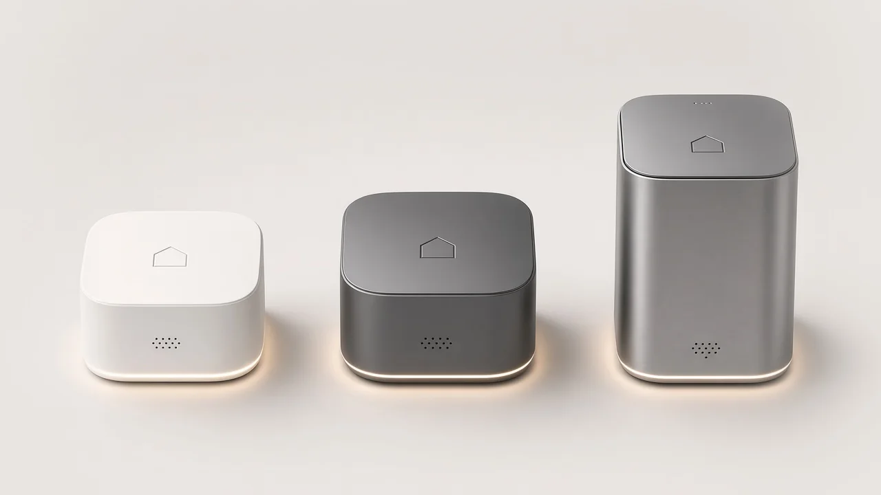 The three ZoomProp Home hubs: small white Core, medium graphite Pro, and the tall aluminum Estate.