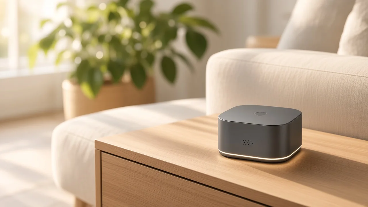 A ZoomProp Home hub on a living room side table in afternoon light.
