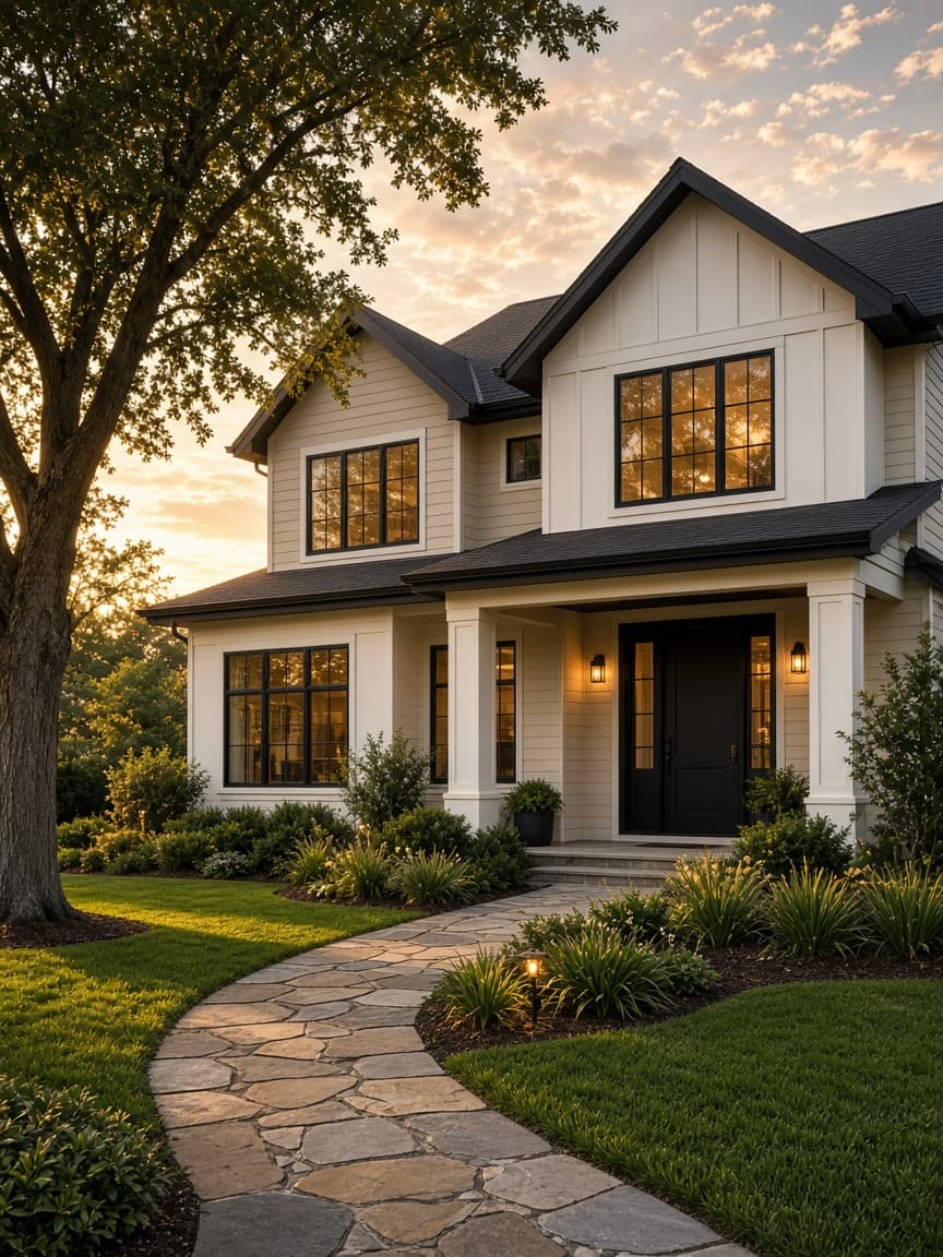 Sample photo of a two-story single-family house with cream siding, a dark front door, and a stone walk at sunset